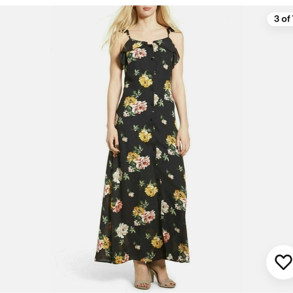 Womens Black Floral Ruffle Strappy Maxi Dress